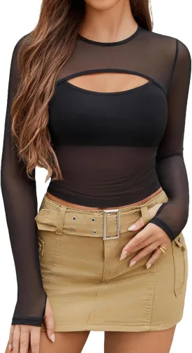 Avidlove Women's Sheer Mesh Long Sleeve Crop Top y2k Sexy Tee Blouse Cutout Clubwear with Thumb Holes