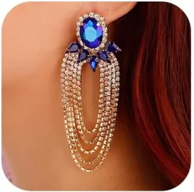 Denifery Rhinestones Long Tassel Earrings Layered Dangle Hoop Earrings Sparkling Crystal Bling Stud Earrings for Bridal Party Women (Blue)