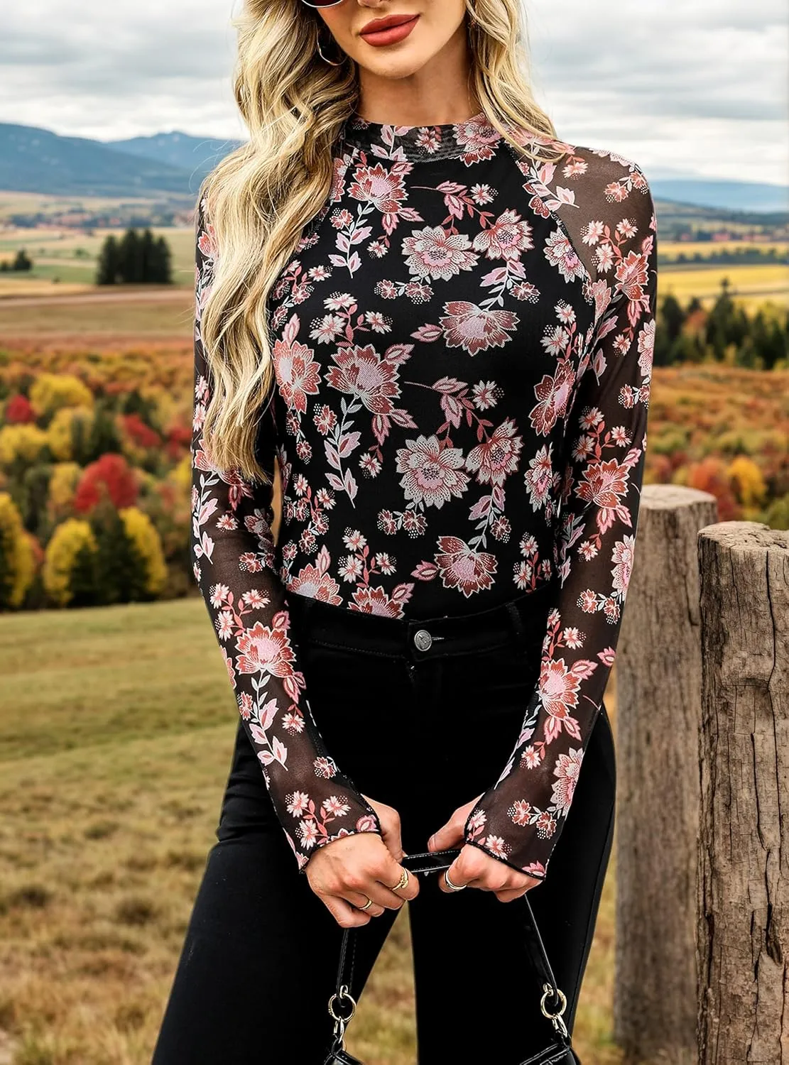 Floral Mesh Top for Women Mock Neck Long Sleeve Floral Shirts Date Night Outfit