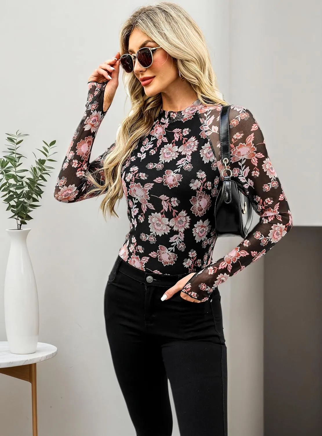 Floral Mesh Top for Women Mock Neck Long Sleeve Floral Shirts Date Night Outfit