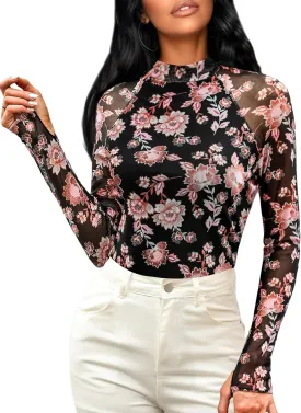 Floral Mesh Top for Women Mock Neck Long Sleeve Floral Shirts Date Night Outfit