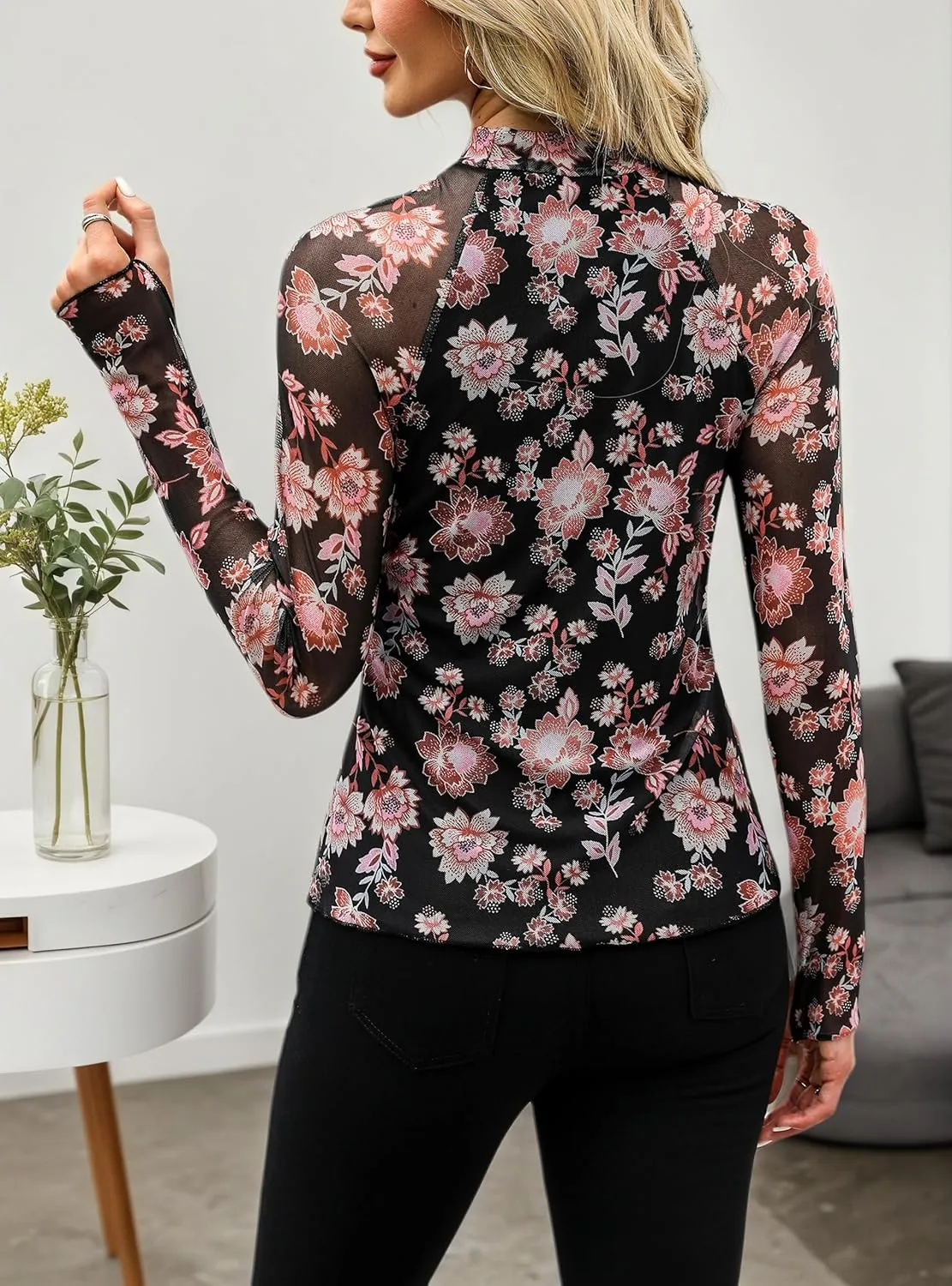 Floral Mesh Top for Women Mock Neck Long Sleeve Floral Shirts Date Night Outfit