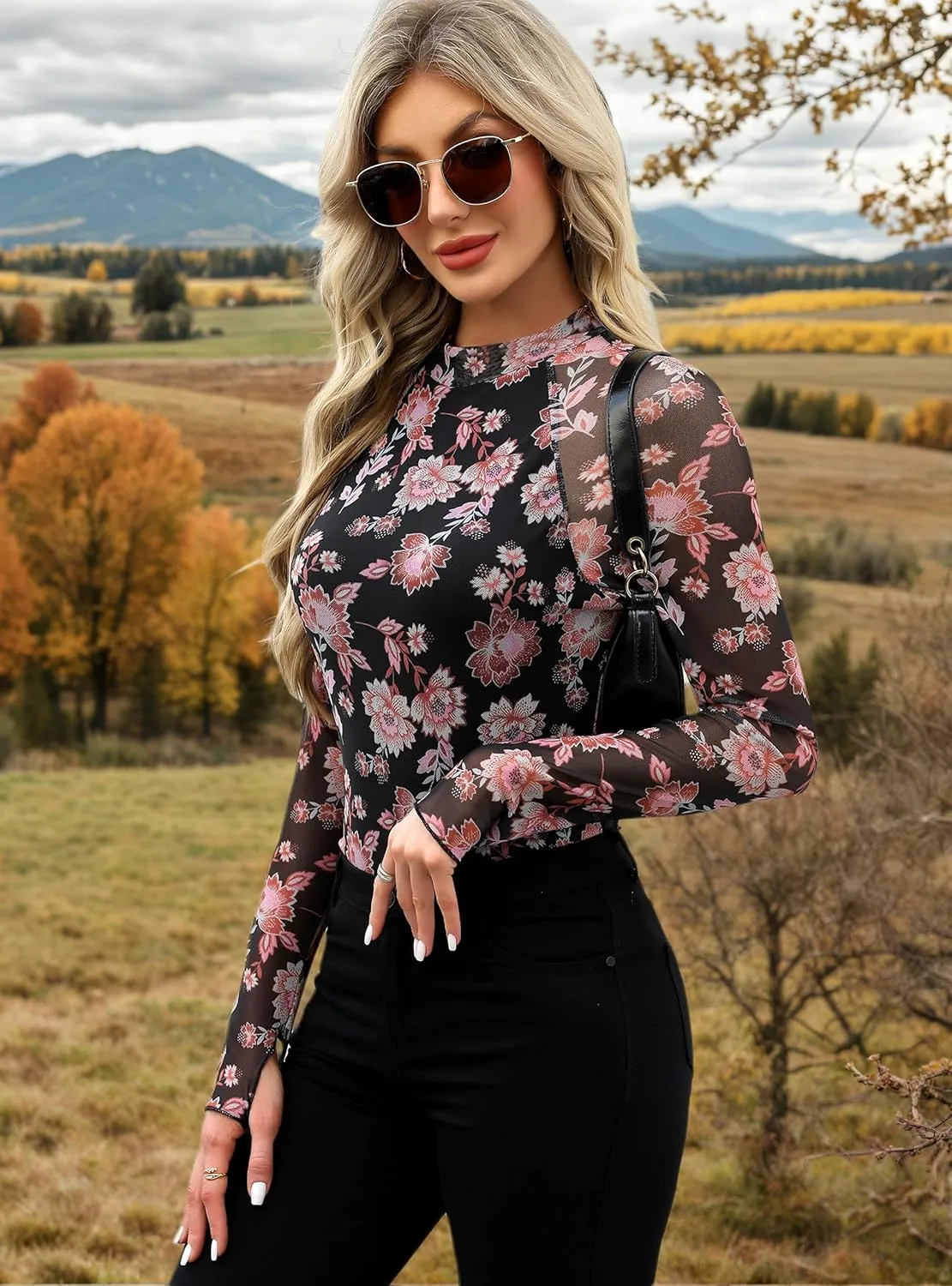 Floral Mesh Top for Women Mock Neck Long Sleeve Floral Shirts Date Night Outfit