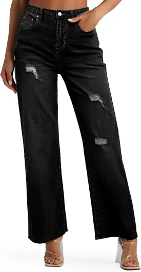Genleck Women's Wide Leg Jeans - Casual High Waisted Stretchy Jeans Straight Leg Denim Pants with Pockets