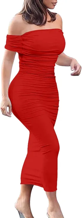 GOBLES Women's Ruched Off Shoulder Short Sleeve Bodycon Midi Elegant Cocktail Party Dress