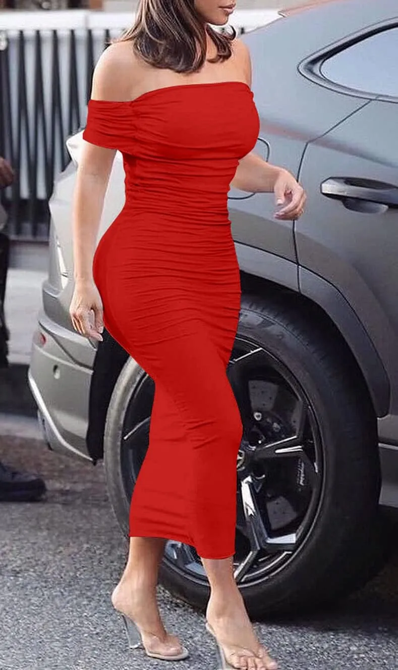 GOBLES Women's Ruched Off Shoulder Short Sleeve Bodycon Midi Elegant Cocktail Party Dress