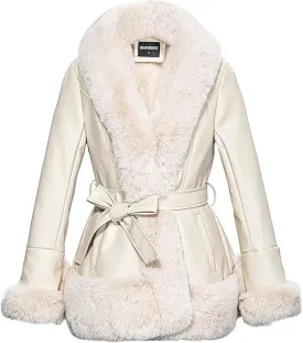 GRAN ORIENTE Women's Faux Leather Jacket with Faux Fur Collar, Winter Long Sleeve Furry Trim Peplum Parka Coat with Belt