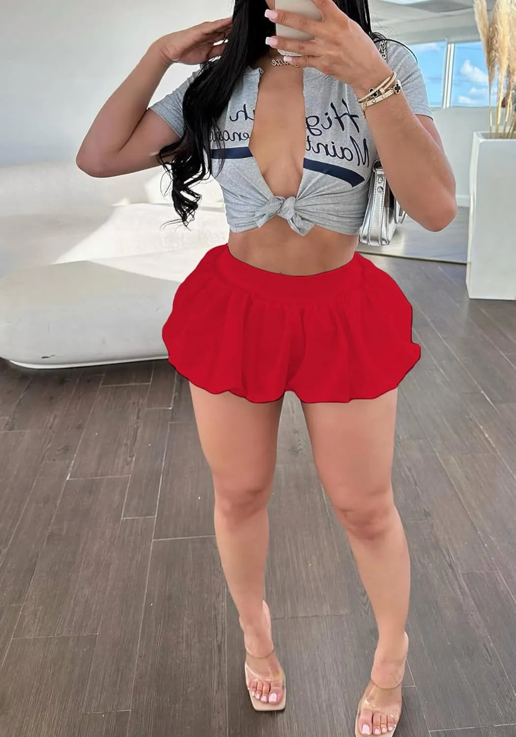 LETSVDO Women's Bubble Mini Skirt Y2k Puffy Pleated Ruffle Elastic Waist A Line Flare Balloon Cute Summer Short Skirts