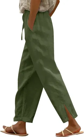 Linen Pants for Women Summer 2025 Elastic Waist Straight Leg Lightweight Pants Vacation Beach Casual Trendy Trousers