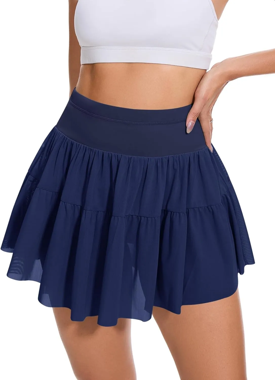 Loovoo Womens Pleated Ruffle Mini Skirt Flowy Lace High Waist Casual Skort Mesh Versatile Athletic Shorts with Pockets