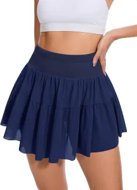 Loovoo Womens Pleated Ruffle Mini Skirt Flowy Lace High Waist Casual Skort Mesh Versatile Athletic Shorts with Pockets