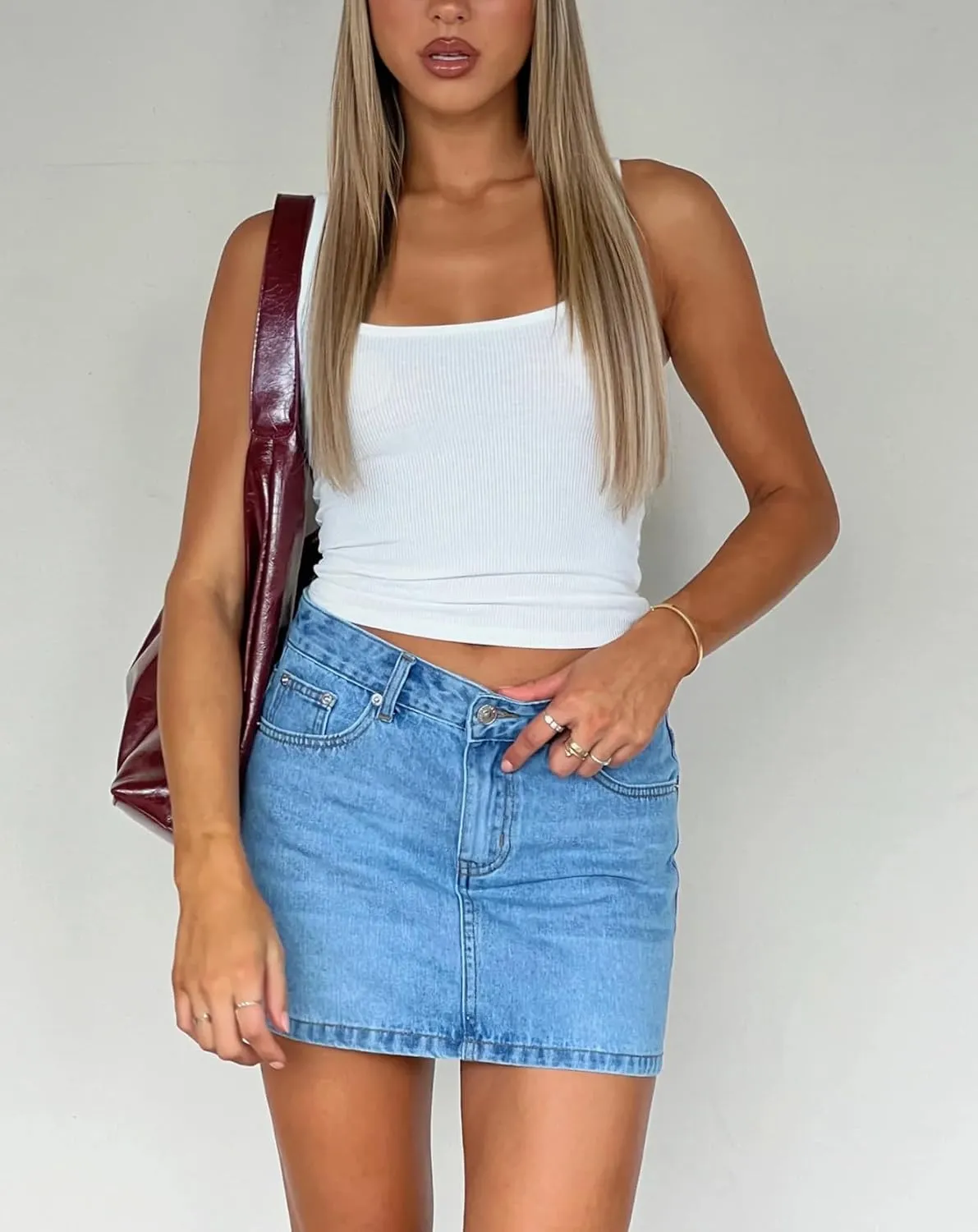 Luckinbaby Women Blue Denim Skirt Y2k Casual Low Waist Mini Jean Skirt Stretch Bodycon Low Rise Cargo Skirt with Pockets