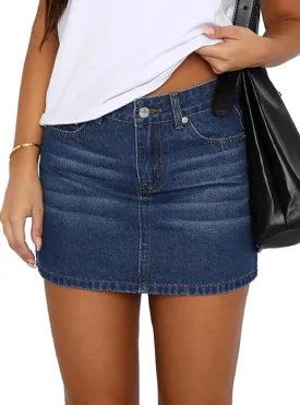 Luckinbaby Women Blue Denim Skirt Y2k Casual Low Waist Mini Jean Skirt Stretch Bodycon Low Rise Cargo Skirt with Pockets