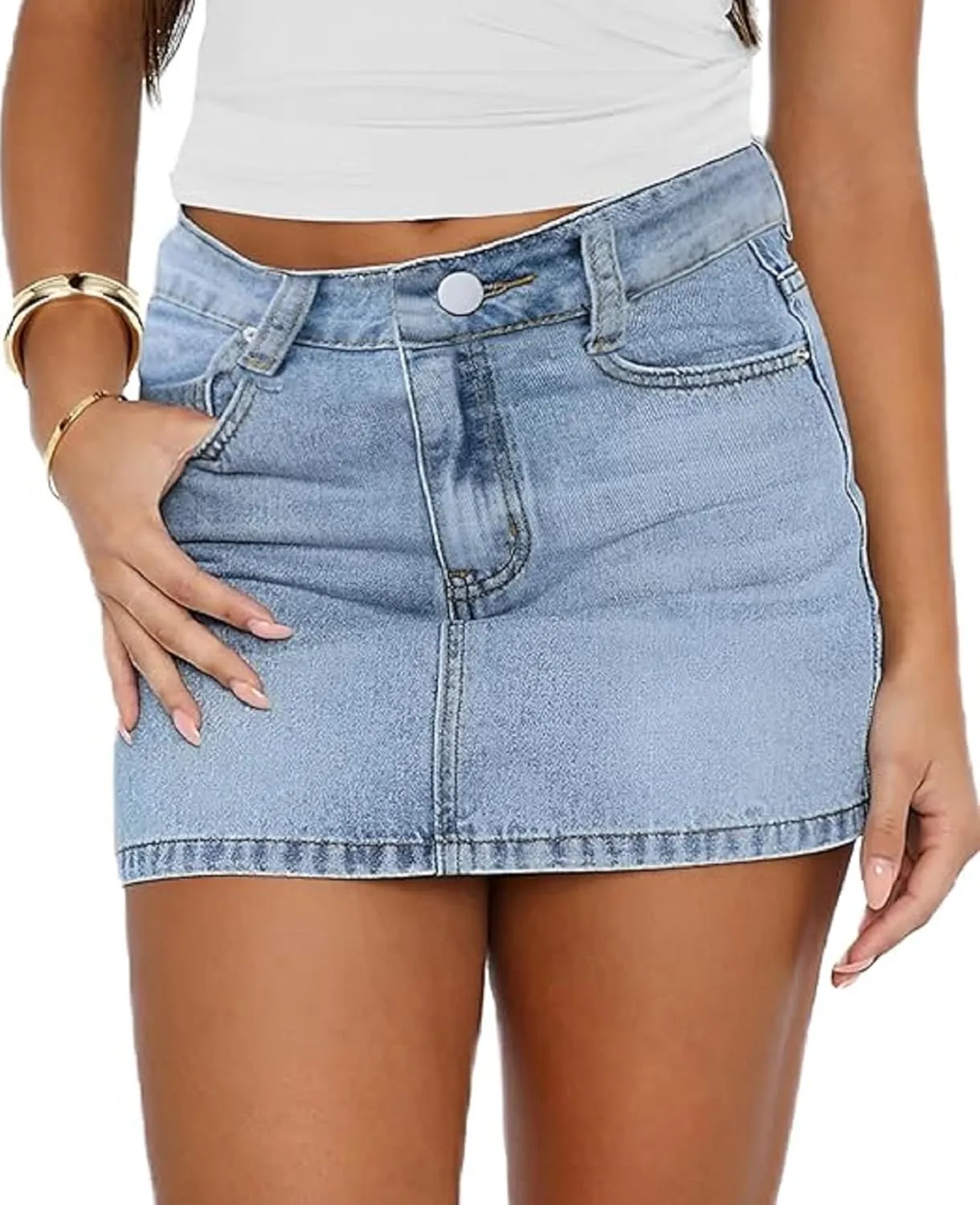 Luckinbaby Women Blue Denim Skirt Y2k Casual Low Waist Mini Jean Skirt Stretch Bodycon Low Rise Cargo Skirt with Pockets