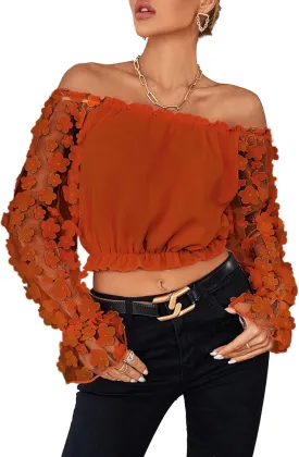 LYANER Women's Off Shoulder Floral Mesh Long Sleeve Ruffle Trim Crop Blouse Top
