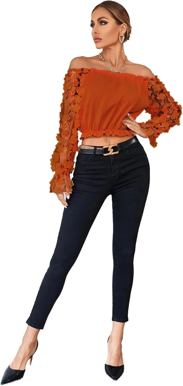 LYANER Women's Off Shoulder Floral Mesh Long Sleeve Ruffle Trim Crop Blouse Top