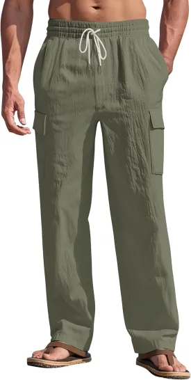 Mens Linen Pants Casual Summer Beach Pants Lightweight Drawstring Yoga Trousers Vacation Cargo Pants with Pockets