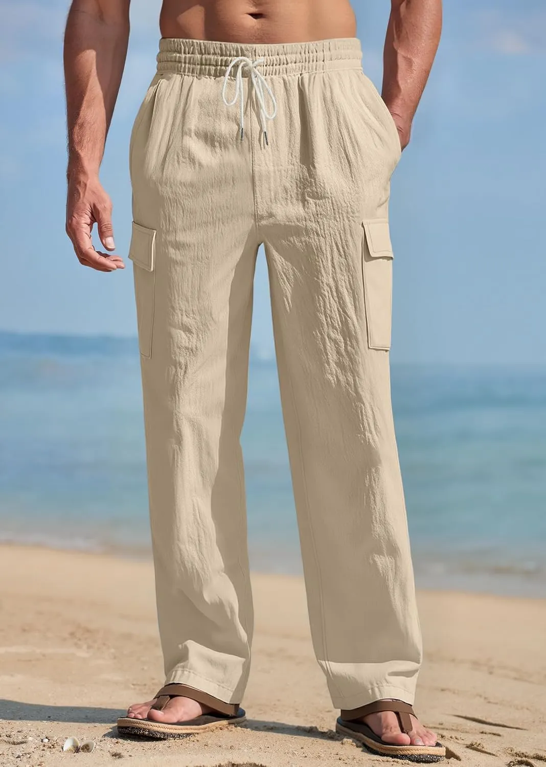 Mens Linen Pants Casual Summer Beach Pants Lightweight Drawstring Yoga Trousers Vacation Cargo Pants with Pockets