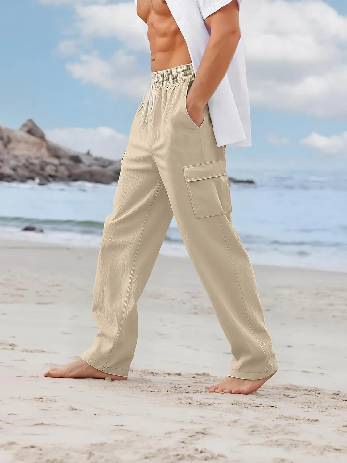 Mens Linen Pants Casual Summer Beach Pants Lightweight Drawstring Yoga Trousers Vacation Cargo Pants with Pockets
