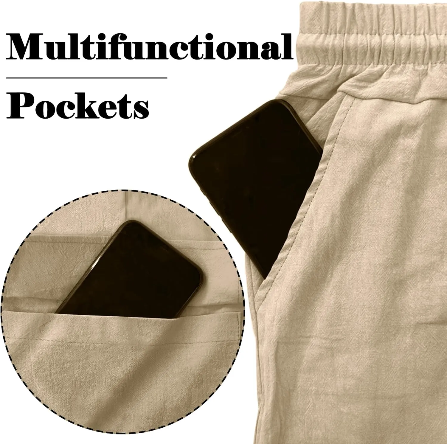 Mens Linen Pants Casual Summer Beach Pants Lightweight Drawstring Yoga Trousers Vacation Cargo Pants with Pockets
