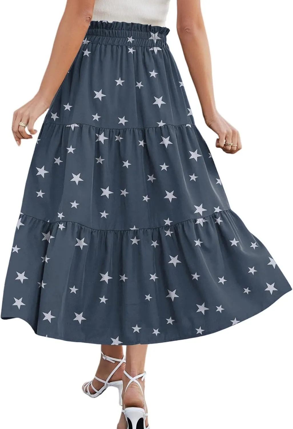 Midi Summer Skirts for Women Drawstring High Waist Knee Length Skirts A Line Floral Print Work Skirt with Pockets