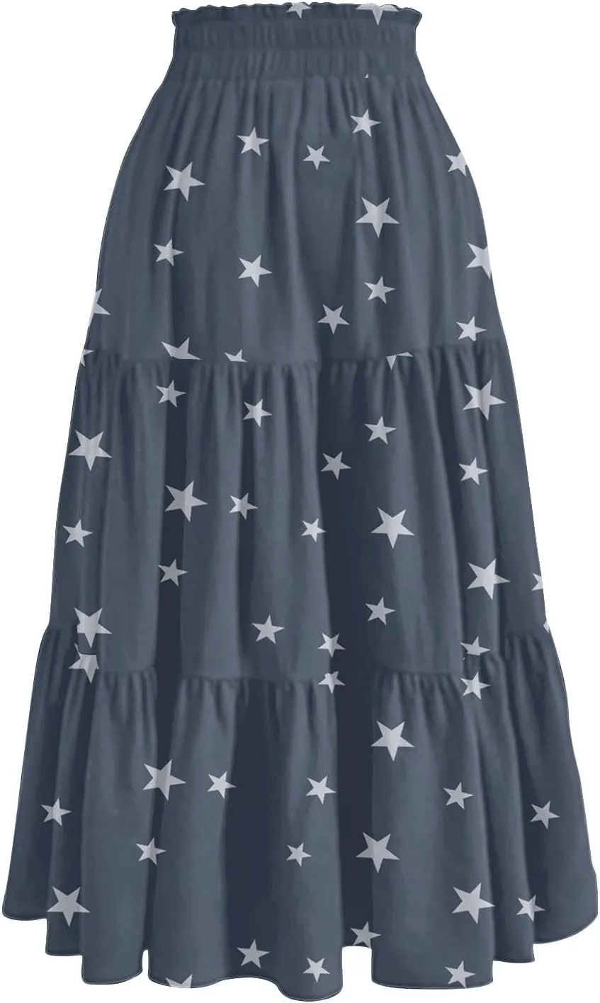 Midi Summer Skirts for Women Drawstring High Waist Knee Length Skirts A Line Floral Print Work Skirt with Pockets