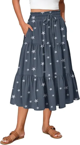 Midi Summer Skirts for Women Drawstring High Waist Knee Length Skirts A Line Floral Print Work Skirt with Pockets