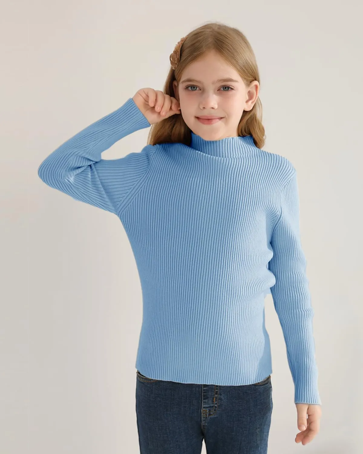 OEBLD Girl's Mock Turtleneck Sweater Ribbed Knit Long Sleeve Pullover Soft Stretch Slim Fitted Top