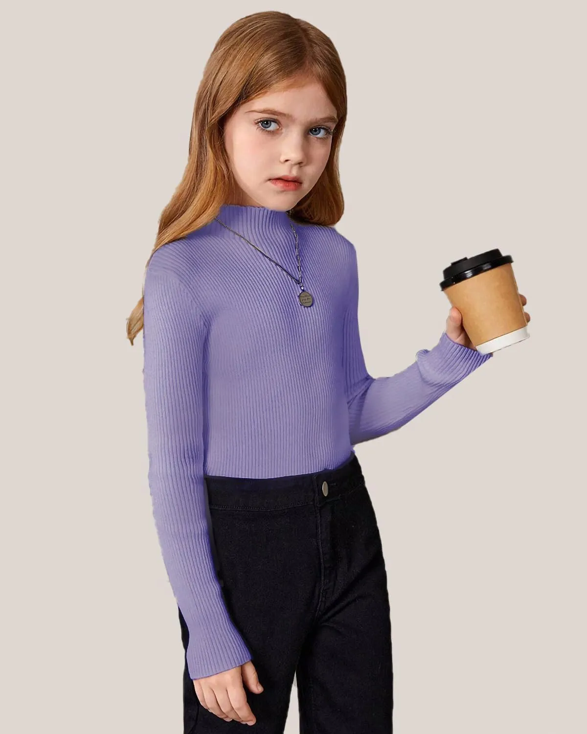 OEBLD Girl's Mock Turtleneck Sweater Ribbed Knit Long Sleeve Pullover Soft Stretch Slim Fitted Top