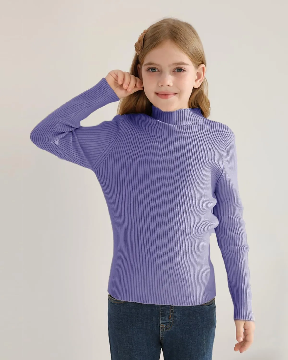 OEBLD Girl's Mock Turtleneck Sweater Ribbed Knit Long Sleeve Pullover Soft Stretch Slim Fitted Top