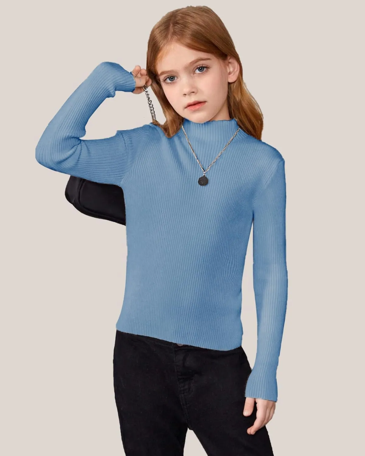 OEBLD Girl's Mock Turtleneck Sweater Ribbed Knit Long Sleeve Pullover Soft Stretch Slim Fitted Top