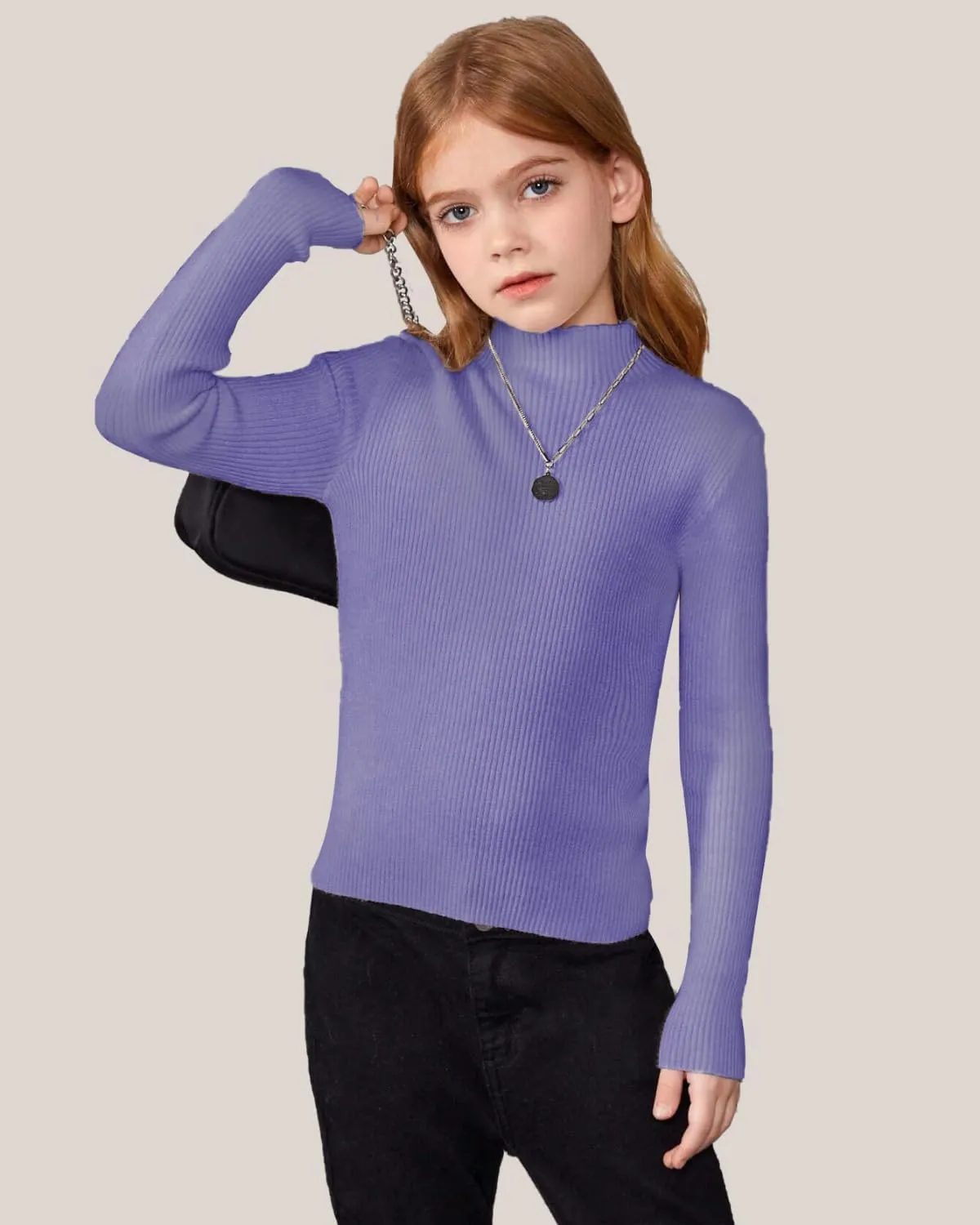 OEBLD Girl's Mock Turtleneck Sweater Ribbed Knit Long Sleeve Pullover Soft Stretch Slim Fitted Top