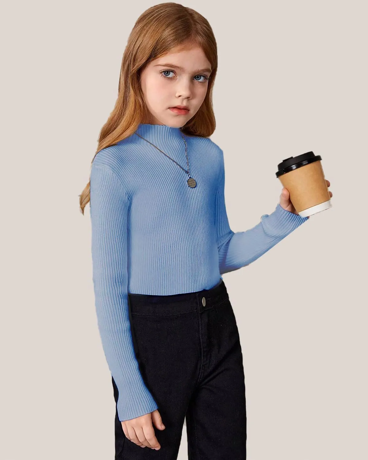 OEBLD Girl's Mock Turtleneck Sweater Ribbed Knit Long Sleeve Pullover Soft Stretch Slim Fitted Top