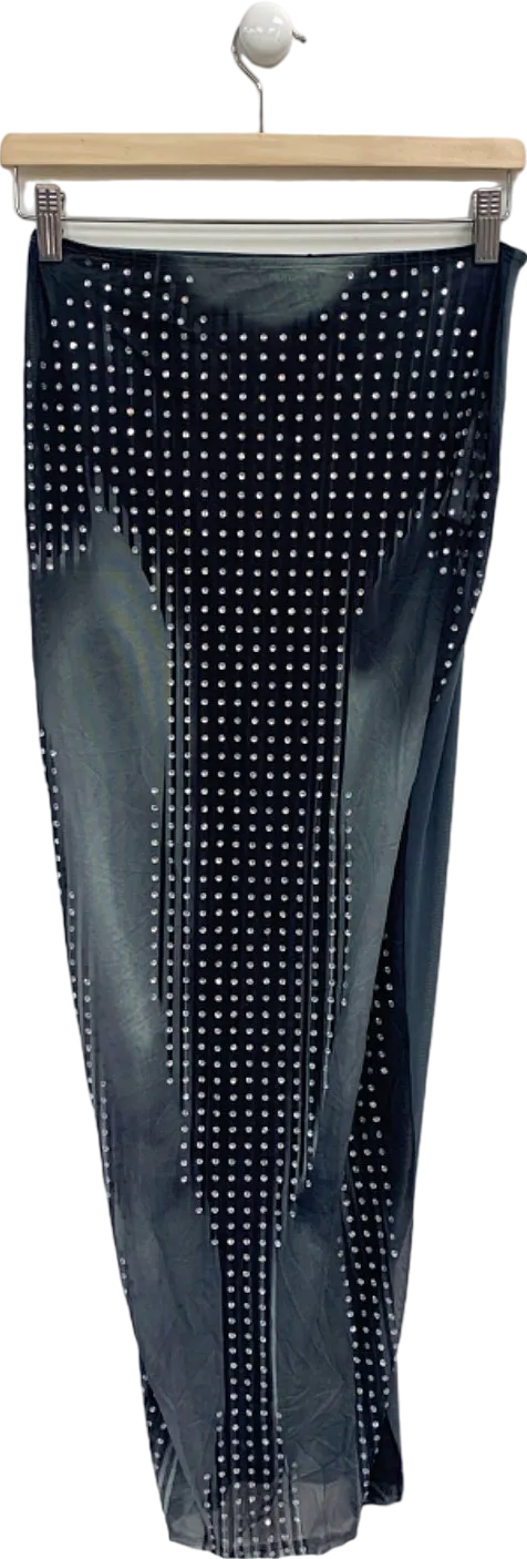 PrettyLittleThing Black Printed Mesh Diamante Hot Fix Low Rise Maxi Skirt UK 10