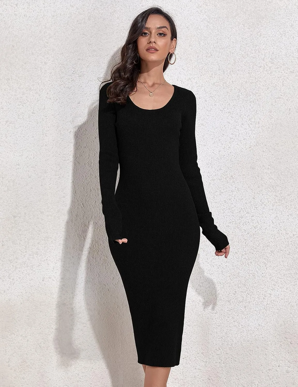 Rocorose Women's Crewneck Pullover Sweater Dress Elasticity Slim Fit Sweater Knitted Bodycon Dresses
