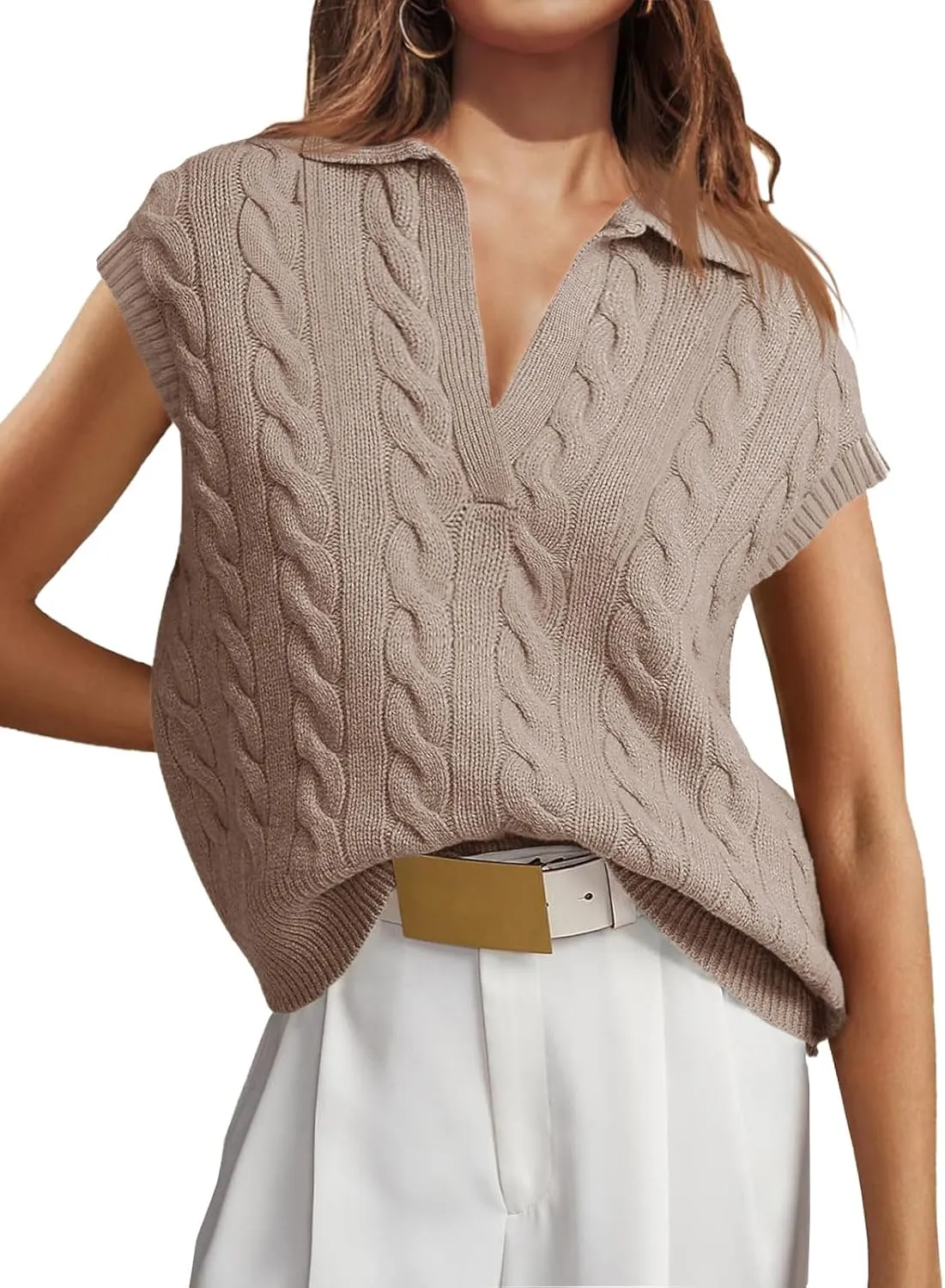 Saodimallsu Womens V Neck Polo Sweater Vest Cable Knit Cap Sleeve Spring Summer Casual Loose Pullover Tops