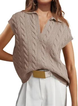 Saodimallsu Womens V Neck Polo Sweater Vest Cable Knit Cap Sleeve Spring Summer Casual Loose Pullover Tops