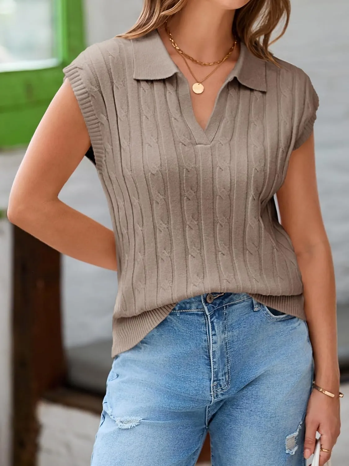 Saodimallsu Womens V Neck Polo Sweater Vest Cable Knit Cap Sleeve Spring Summer Casual Loose Pullover Tops
