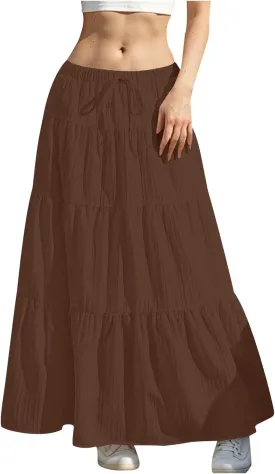 Summer Beach Skirts for Women Lightweight Comfy Elastic Waist Drawstring Pleated Flowy A Line Maxi Skirt