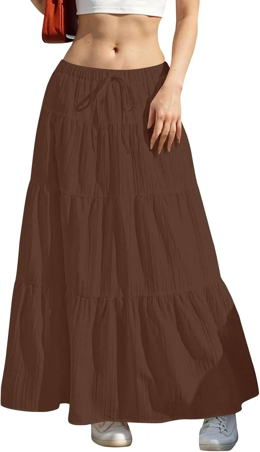 Summer Beach Skirts for Women Lightweight Comfy Elastic Waist Drawstring Pleated Flowy A Line Maxi Skirt