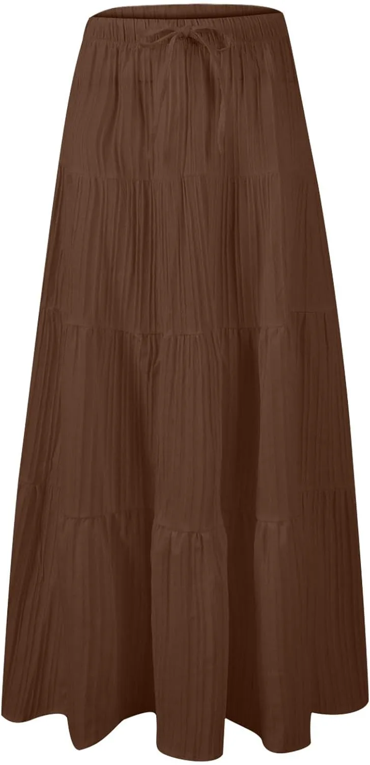 Summer Beach Skirts for Women Lightweight Comfy Elastic Waist Drawstring Pleated Flowy A Line Maxi Skirt
