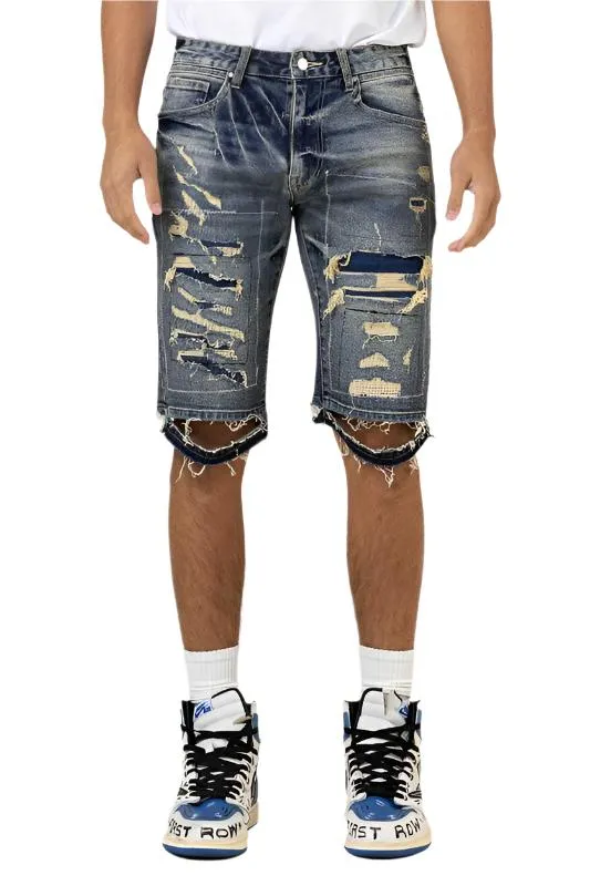 TEEK - Medium Sand Tint Boro Stitch Heavy Rip & Repair Denim Shorts
