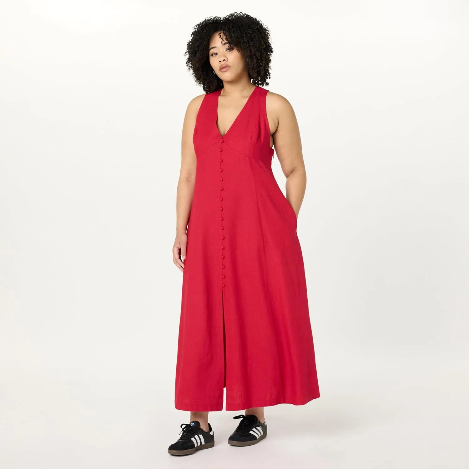 The Drop Women's Blanca Linen Button-Front V-Neck Maxi Dress