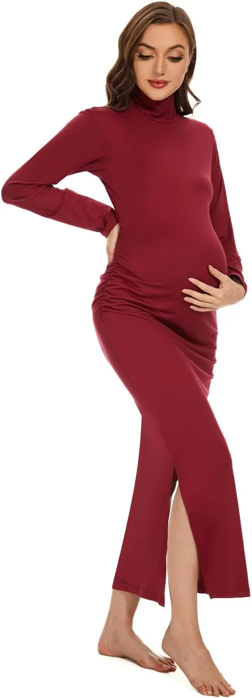 Turtleneck Long Sleeve Maternity Bodycon Dresses for Photography Maternity Baby Shower and Casual