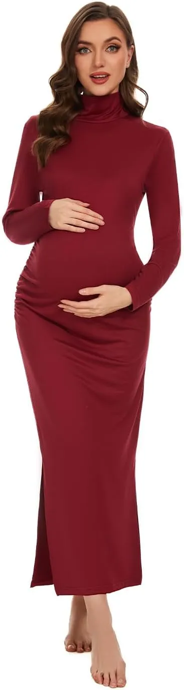 Turtleneck Long Sleeve Maternity Bodycon Dresses for Photography Maternity Baby Shower and Casual