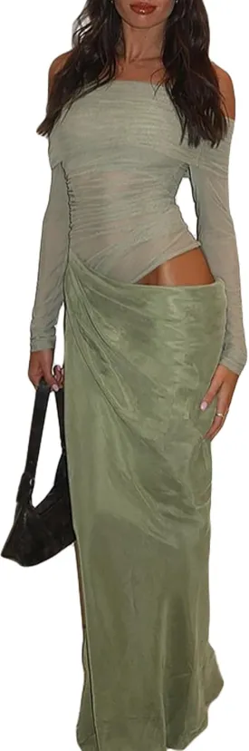 Women's Off Shoulder Maxi Dress Bodycon Strapless Mesh Dress Long Sleeve Ruched Club Dresses Party