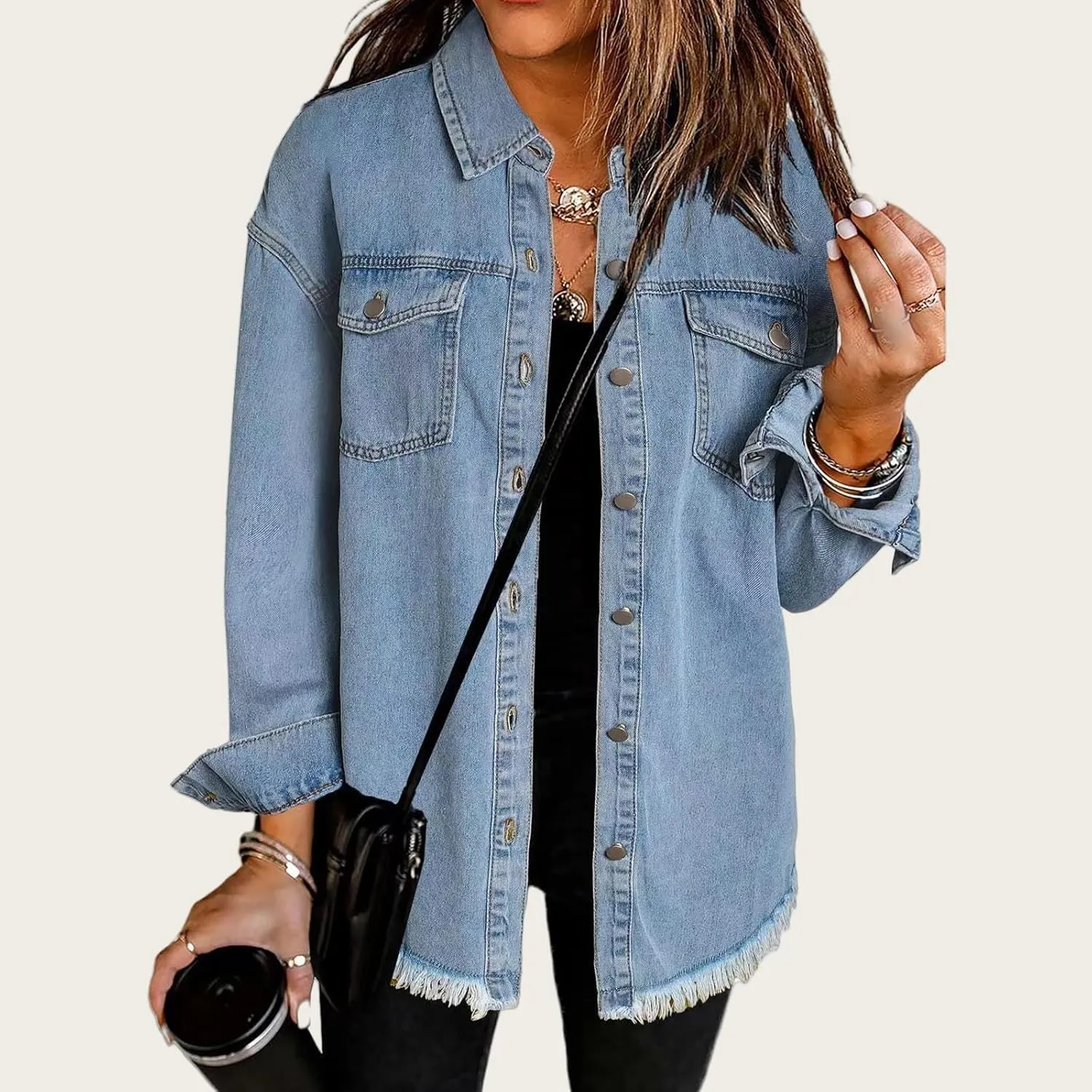 Women's Oversized Denim Jacket Lightweight Button Down Long Jean Jacket Casual Boyfriend Distresse Jacket Coats