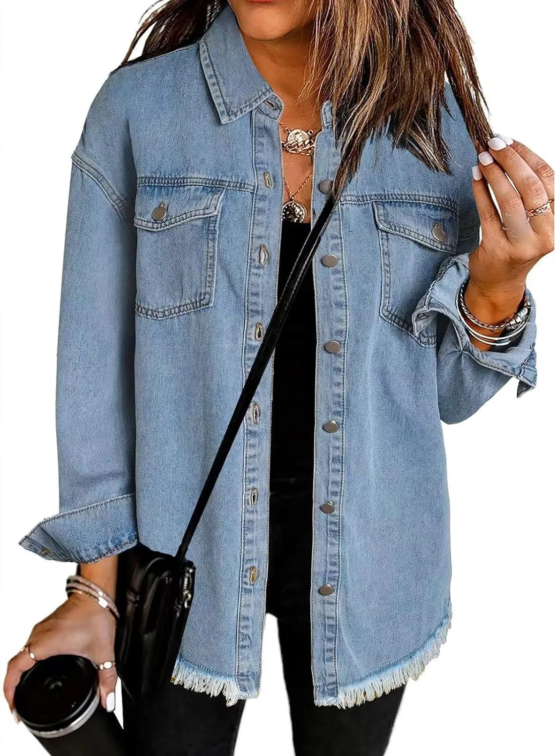 Women's Oversized Denim Jacket Lightweight Button Down Long Jean Jacket Casual Boyfriend Distresse Jacket Coats