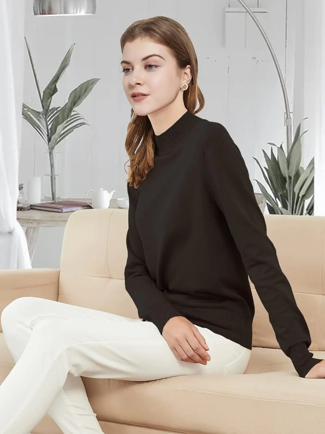 Woolicity Womens Mock Neck Sweater Long Sleeve Knit Pullover Tops Casual Lightweight Jumper Loose Pullover Tops